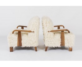 Fauteuils en noyer et tissu imitation agneau de Mongolie 1950 set de 2