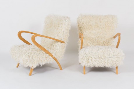 Fauteuils italien en bois clair et tissu imitation agneau de Mongolie 1950 set de 2