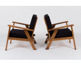 Fauteuils periode reconstruction en chene massif tissu velours chine noir 1950 set de 2