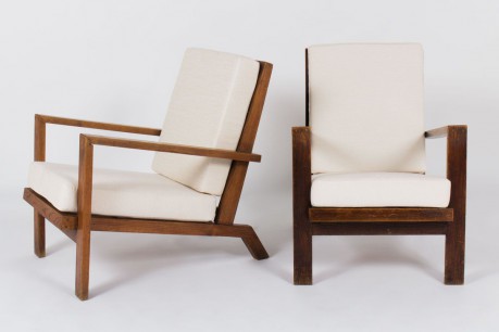 Fauteuils Rene Gabriel tissu beige chine 1950 set de 2