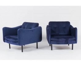 Fauteuils Michel Mortier modele Teckel en microfibre bleu edition Steiner 1950 set de 2