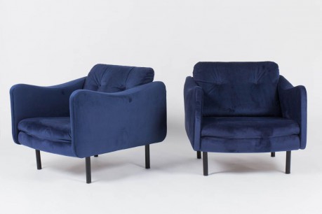 Fauteuils Michel Mortier modele Teckel en microfibre bleu edition Steiner 1950 set de 2