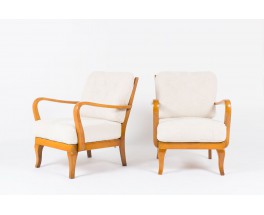 Fauteuils danois en bois et coussin en tissu polaire 1950 set de 2