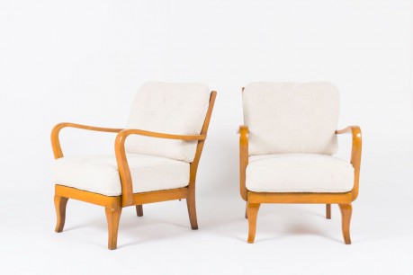Fauteuils danois en bois et coussin en tissu polaire 1950 set de 2