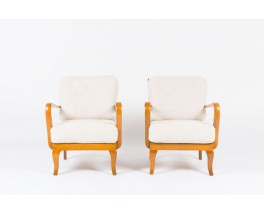 Fauteuils danois en bois et coussin en tissu polaire 1950 set de 2