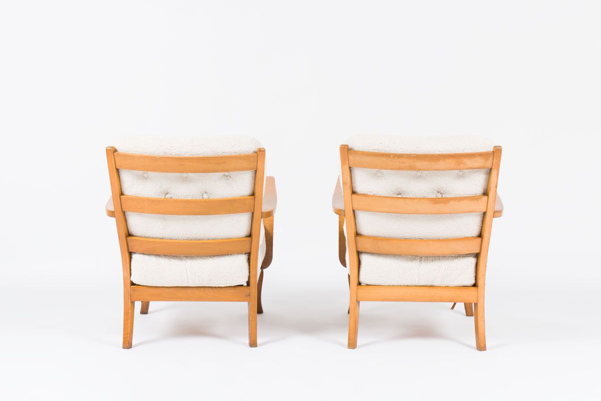 Fauteuils danois en bois et coussin en tissu polaire 1950 set de 2