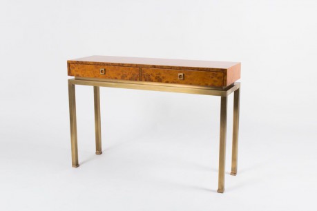 Console Guy Lefevre en laiton et loupe d'orme edition Maison Jansen 1970