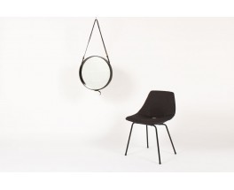 Miroir Jacques Adnet en cuir noir pique sellier et boucle en laiton 1930