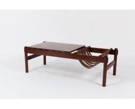 Table basse rectangulaire palissandre et cuir edition Dujo Cuba 1970