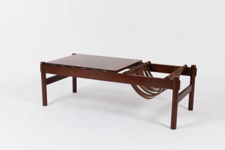 Table basse rectangulaire palissandre et cuir edition Dujo Cuba 1970
