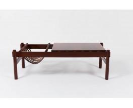 Table basse rectangulaire palissandre et cuir edition Dujo Cuba 1970