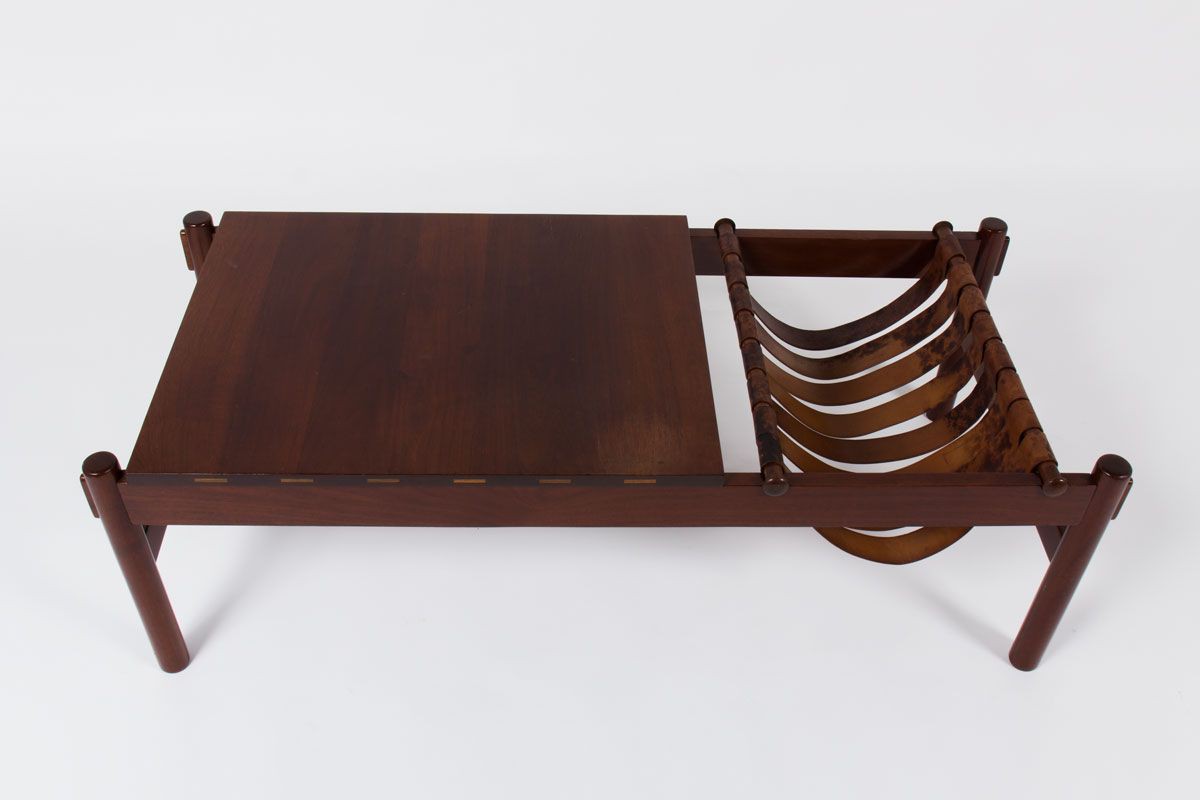 Table basse rectangulaire palissandre et cuir edition Dujo Cuba 1970