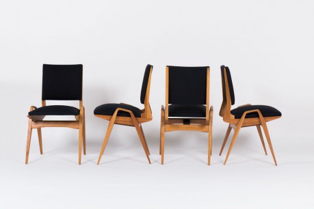 Chaises Maurice Pre en acajou et tissu maille noir 1950 set de 4