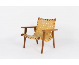 Fauteuil Michael van Beuren en pin d'Oregon et sangles beige edition Meuble Domus 1950