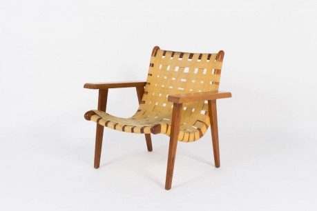 Fauteuil Michael van Beuren en pin d'Oregon et sangles beige edition Meuble Domus 1950