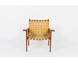 Fauteuil Michael van Beuren en pin d'Oregon et sangles beige edition Meuble Domus 1950