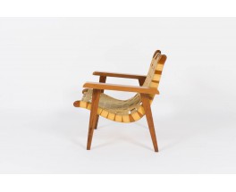 Fauteuil Michael van Beuren en pin d'Oregon et sangles beige edition Meuble Domus 1950