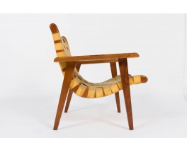 Fauteuil Michael van Beuren en pin d'Oregon et sangles beige edition Meuble Domus 1950