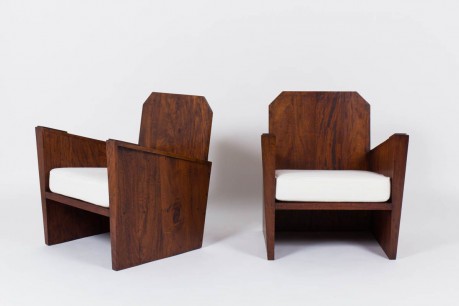 Fauteuils en palissandre de Rio et tissu lin 1950 set de 2
