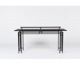 Bureau grand modele en metal noir laiton et plateau en skaï 1950