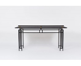 Bureau grand modele en metal noir laiton et plateau en skaï 1950