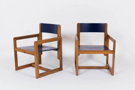 Fauteuils Andre Sornay en pin laque bleu 1950 set de 2