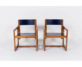 Fauteuils Andre Sornay en pin laque bleu 1950 set de 2