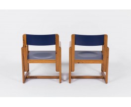 Fauteuils Andre Sornay en pin laque bleu 1950 set de 2