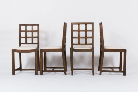 Chaises en chene et tissu velours chine beige 1950 set de 4