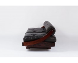 Banquette Gianni Songia modele GS195 en palissandre et cuir noir edition Sormani 1960