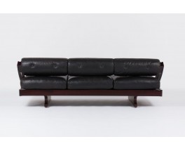 Banquette Gianni Songia modele GS195 en palissandre et cuir noir edition Sormani 1960