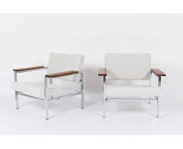 Fauteuils Gijs Van Der Sluis chrome palissandre et velours blanc 1950 set de 2