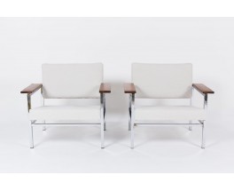 Fauteuils Gijs Van Der Sluis chrome palissandre et velours blanc 1950 set de 2