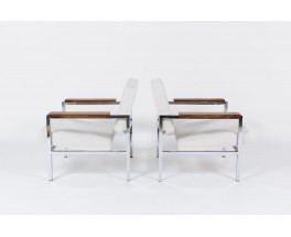 Fauteuils Gijs Van Der Sluis chrome palissandre et velours blanc 1950 set de 2