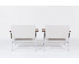 Fauteuils Gijs Van Der Sluis chrome palissandre et velours blanc 1950 set de 2