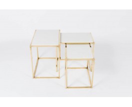 Tables basses gigognes en laiton et quartz blanc 1950