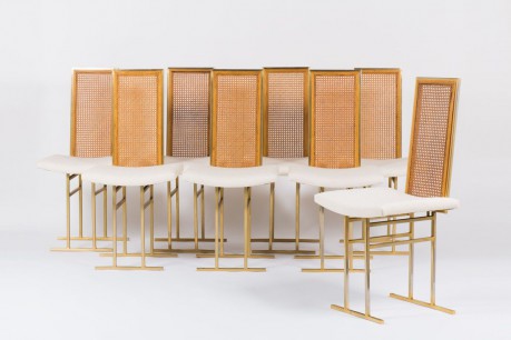 Chaises en metal dore cannage et velours chine 1970 set de 8