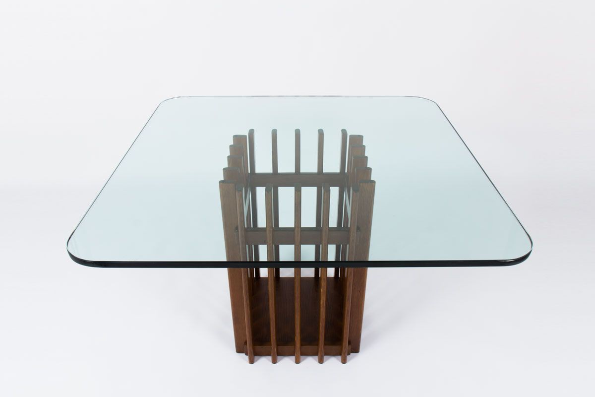 Table a manger carree pied en chene et plateau en verre design italien 1950