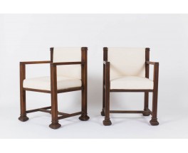 Fauteuils design américain en chene sculpte et velours chine beige 1950 set de 2