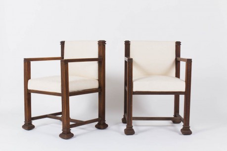 Fauteuils design américain en chene sculpte et velours chine beige 1950 set de 2