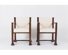 Fauteuils design américain en chene sculpte et velours chine beige 1950 set de 2