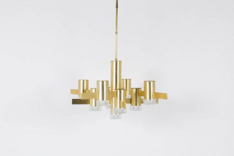 Suspension Gaetano Sciolari en metal dore et globe en verre design italien 1970