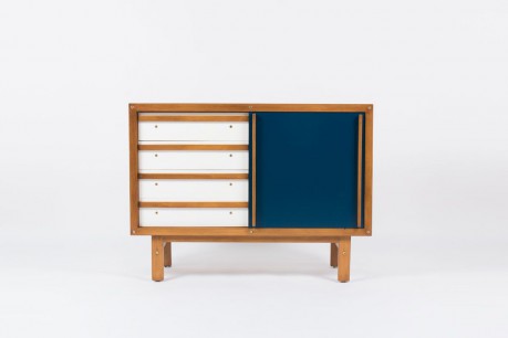 Commode Andre Sornay laque blanche et bleu canard 1960