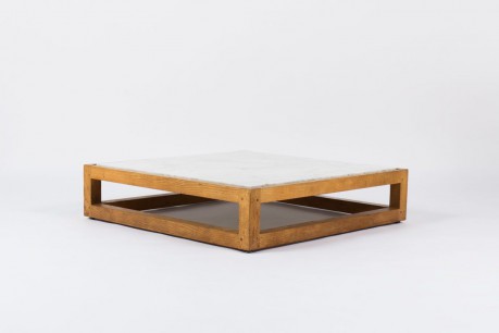 Table basse carree en chene massif et marbre de Carrare blanc 1950