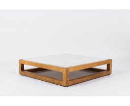 Table basse carree en chene massif et marbre de Carrare blanc 1950