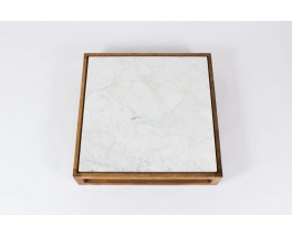 Table basse carree en chene massif et marbre de Carrare blanc 1950