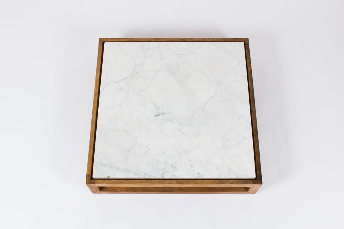 Table basse carree en chene massif et marbre de Carrare blanc 1950