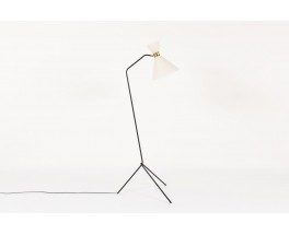 Lampadaire tripode bras coude metal noir et abat-jour blanc design minimaliste 1950