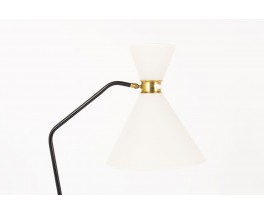 Lampadaire tripode bras coude metal noir et abat-jour blanc design minimaliste 1950