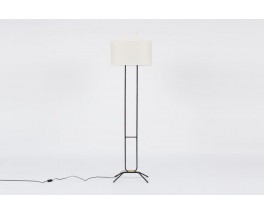 Lampadaire en metal noir laiton et abat-jour blanc design minimaliste 1950